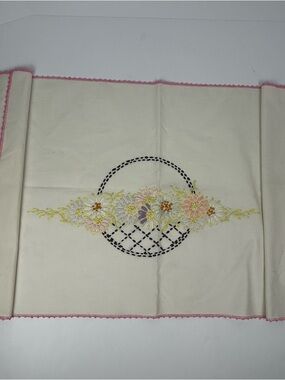 Vintage Embroidered Floral Basket Table Runner Cream Pastel Florals Cottagecore